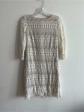 Catherine Malandrino Cream Colored Crochet 3/4 Sleeve Dress.